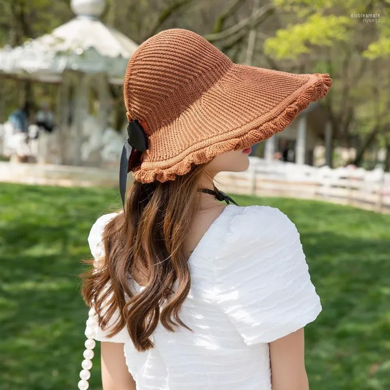 Wide Brim Hats Summer Bow Sun Empty Top Hat Women UV Protection Caps Hollow Out Beach Ladies Cap Ribbon Knit Fashion Elob22