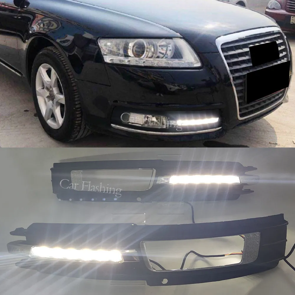 1Set Car LED DRL with Yellow Turn Signal Daytime Running Light Fog Lamp cover For Audi A6 C6 2009 2010 2011
