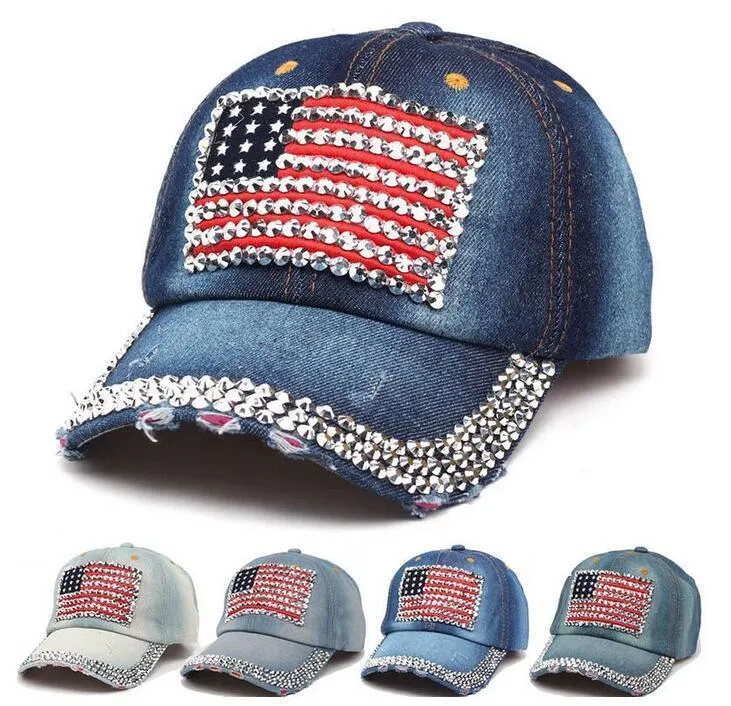 American Flag Retro  Hat Fashion Designer Diamond Studded Peaked Cap Adjustable Outdoor Travel Sun Hats