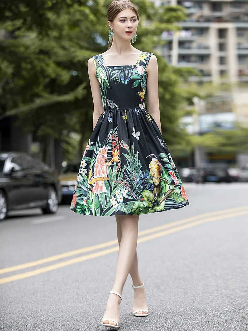 Women s Runway Dress Spaghetto Straps Floral Printed Elegant Designer Summer Holiday Dresses Vestidos