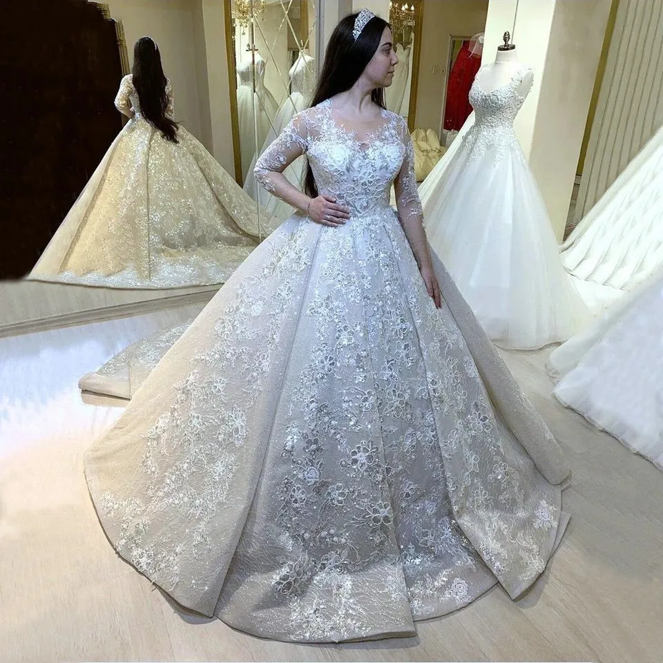 Vestidos de casamento de renda árabe apliques de mangas compridas marfim o pescoço noiva vestidos 2022 casar muçulmano Dubai princesa vestido de casamento branco