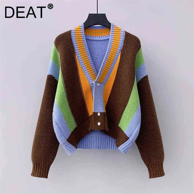 Deat Woman Sweater Sticked Cardigan Hit Color Long Sleeve V Collar Loose Wild Casual Style Autumn Fashion 15xm263 211109