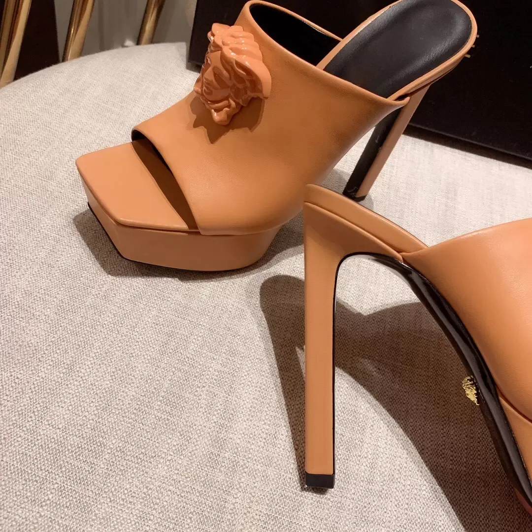 Light Tan La  platform slippers high-heeled sandals stiletto mules Leather high Heels slip-on open toe women Luxury Designers shoes Evening factory footwear