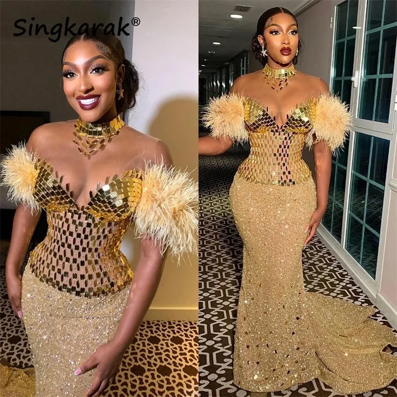 Robe De bal africaine sirène scintillante 2022 pour filles noires paillettes perles robes De célébrité formelles Robe De soirée De luxe Aso Ebi