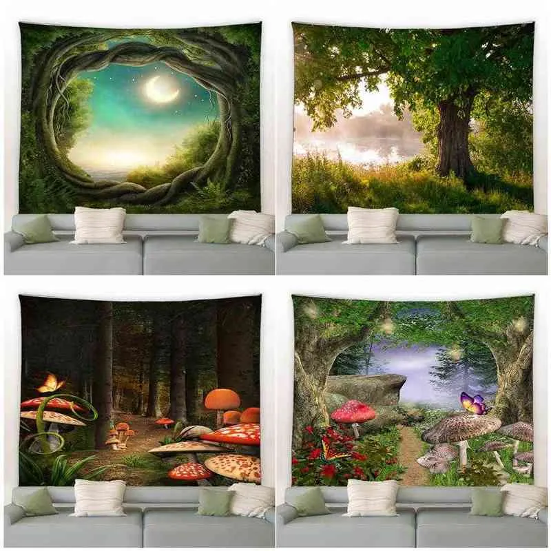 Tapestry Fantasy Forest Mushroom Tapestry Green Plants Trees Butterfly Nature F