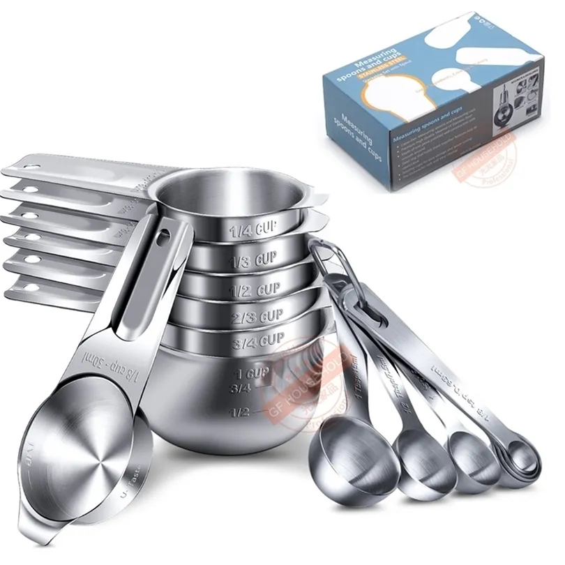 14pcs -Medale de aço inoxidável Medindo colheres e xícaras Conjunto de 7 xícara e 7 Acessórios de cozinha de cozinha de cozinha Ferramentas de medição T200523