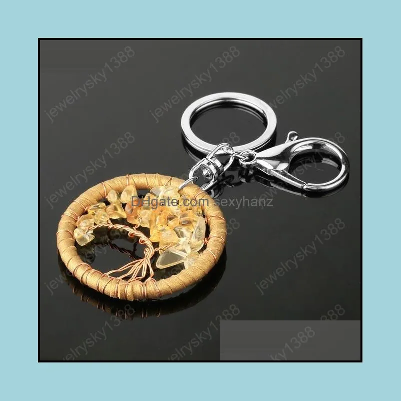 Round Keychains Natural Chip Stones Rose Gold Color Wire Wrap Life Tree Key Chain Decor for Car Bag Big Circle Keyring