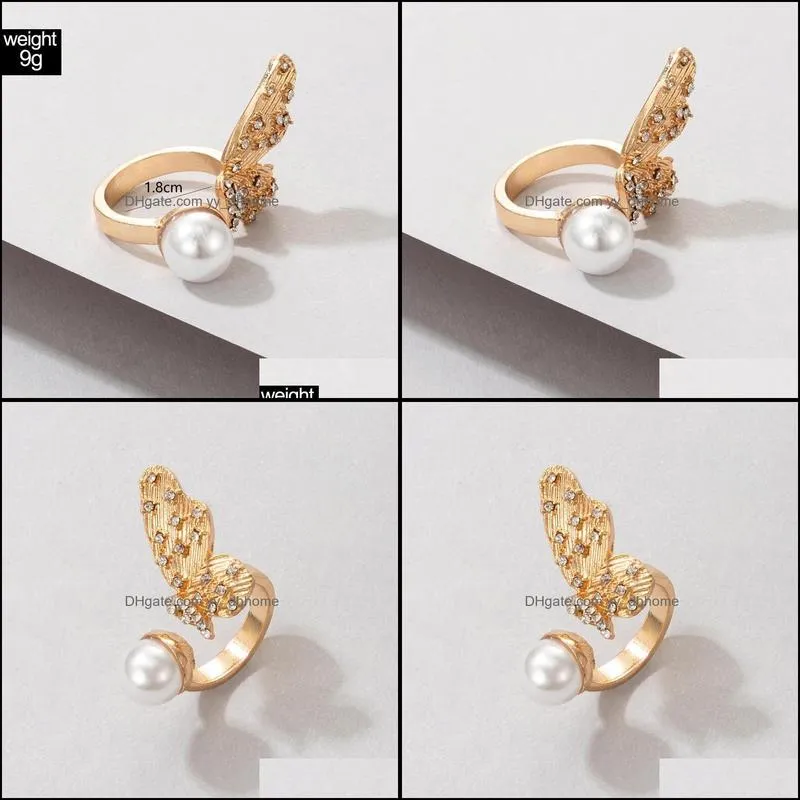 pretty butterfly wings gold ring for women elegant pearl stone alloy metal wedding opening ring jewelry