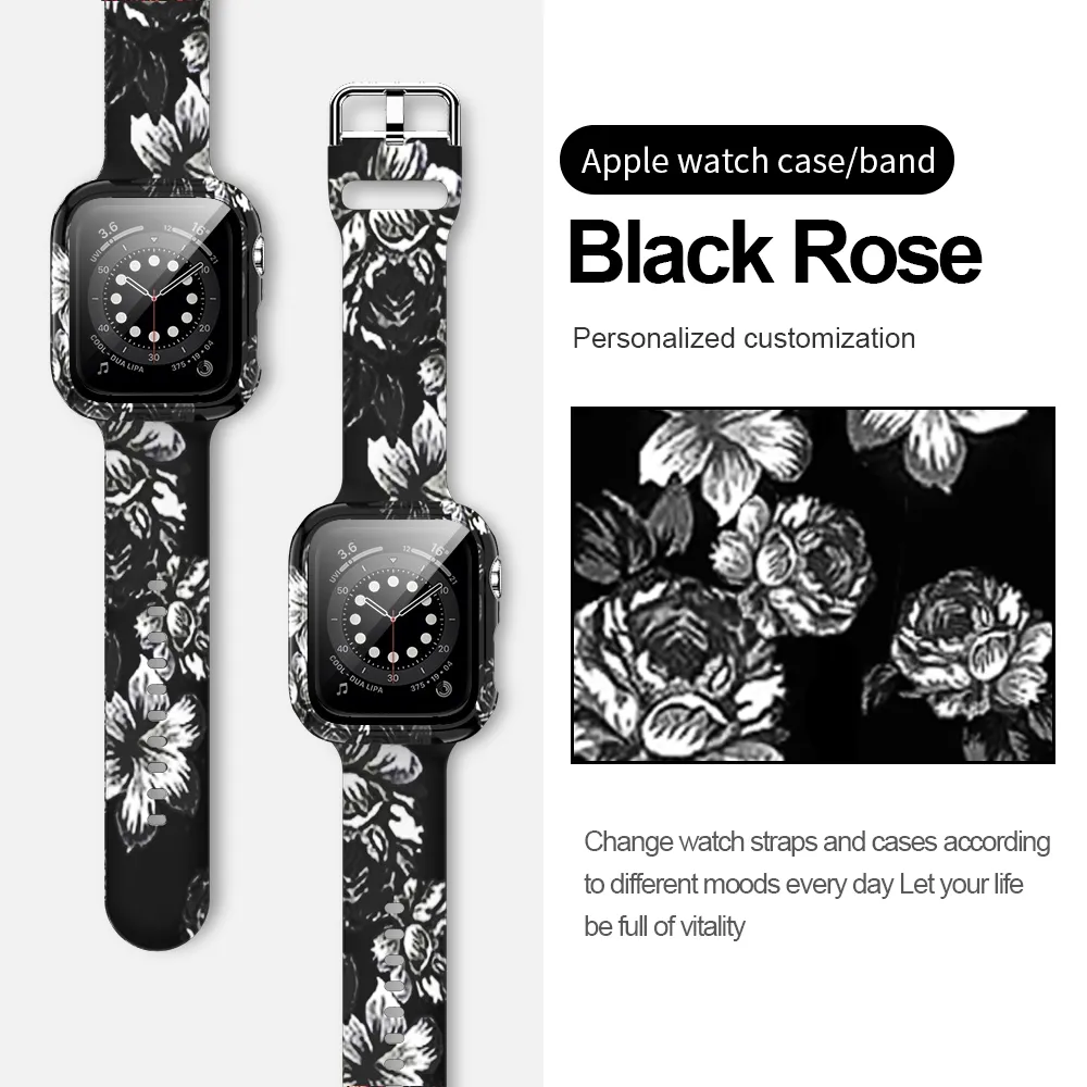 Drucken Leopard Rose Skull Silikonbänder mit Schutzhüllen Ersatzarmband Armbänder für Apple Watch Serie 6 5 4 3 2 1 SE 38 mm 42 mm 40 mm 44 mm Armband