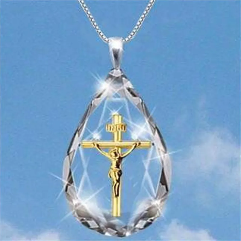 Collier religieux populaire en cristal avec croix de jésus, pendentif échelle de paradis, mode européenne et américaine, collier clouté de diamants