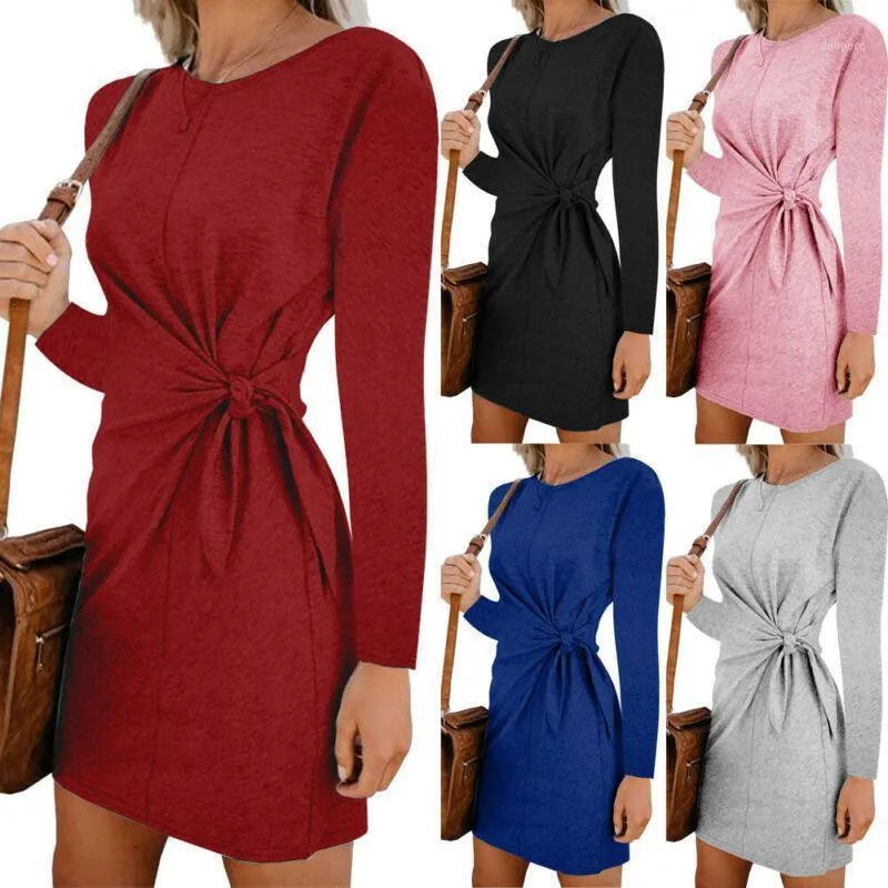 Kvinnors höst varm avslappnad långärmad solid lös tunika toppskjorta blus klänning bomullskvinnor klänningar