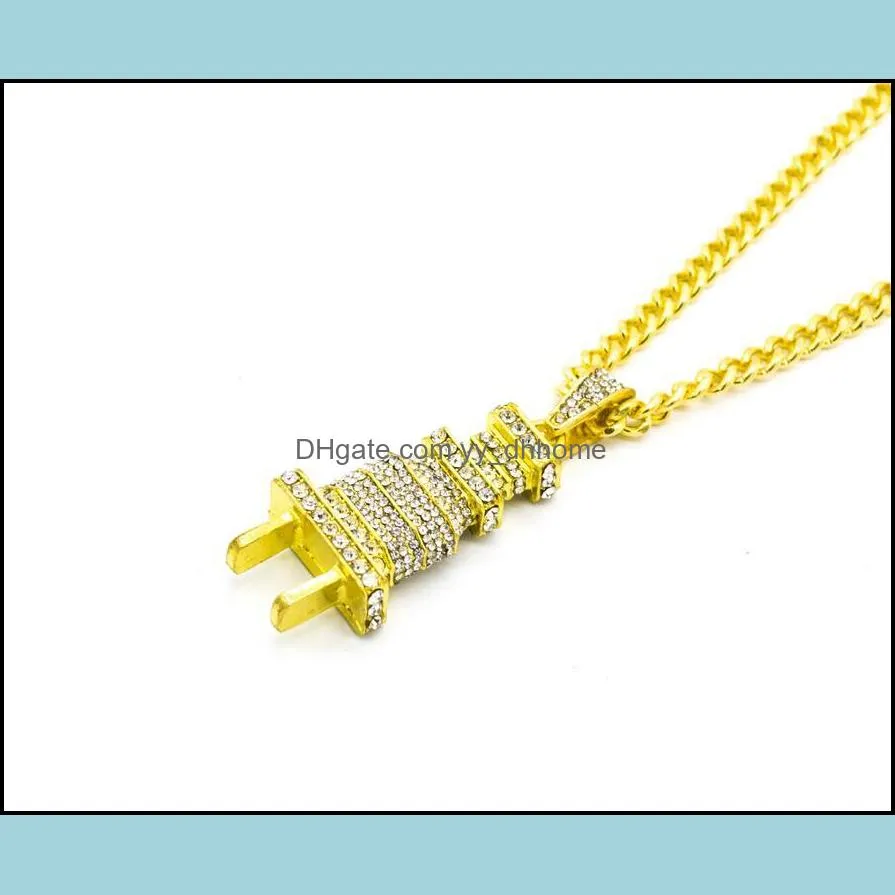 24K gold plated Iced Out Bling Men`s Plug Pendant Necklace Plated Charm Micro Pave Full Rhinestone Cuban Chain Hip Hop Jewelry