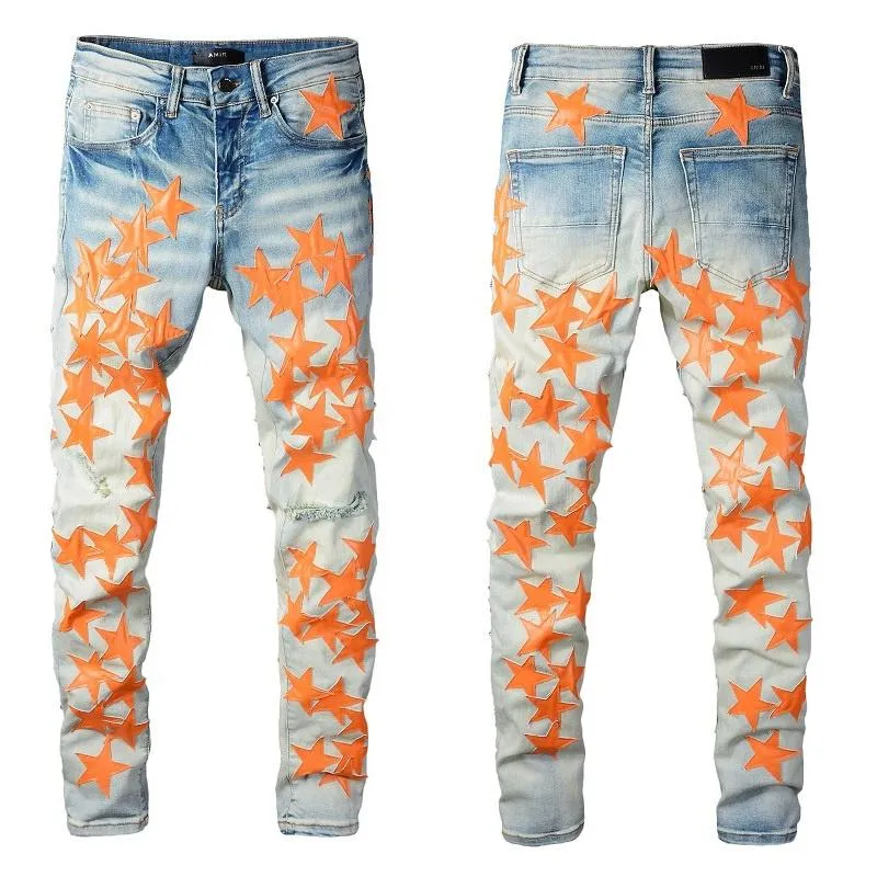 Pantalones vaqueros para hombre América hombre azul naranja estrella cuero Patchwork agujero reparación Streetwear Jean moda rasgado hombres motocicleta pantalón