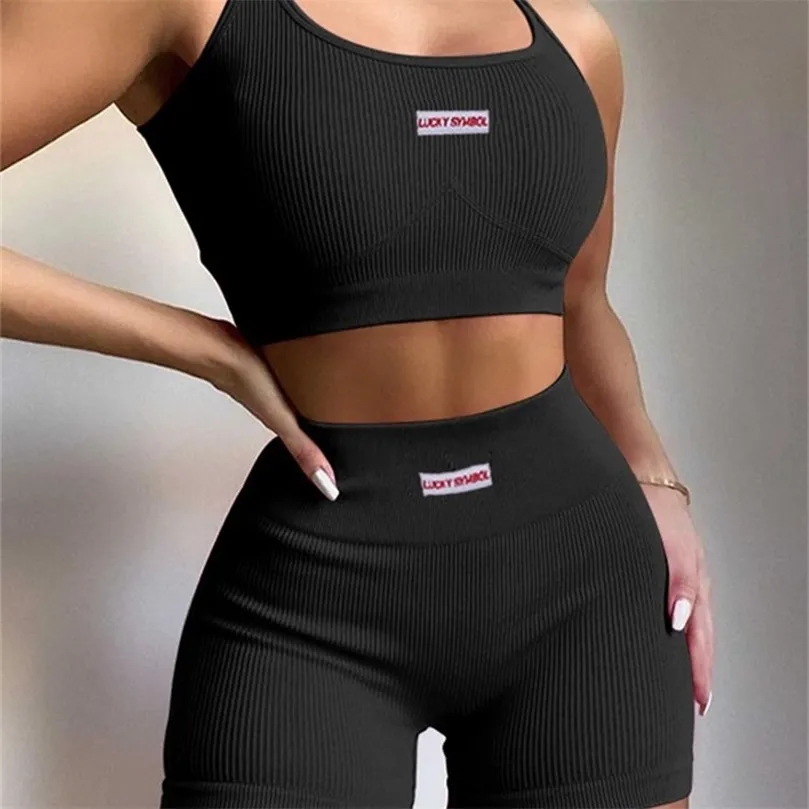 Two Piece Sets Women Summer Tank Crop Tops and Biker Shorts Solid Color Sexy Fitness Tracksuits Female Streetwear 220602