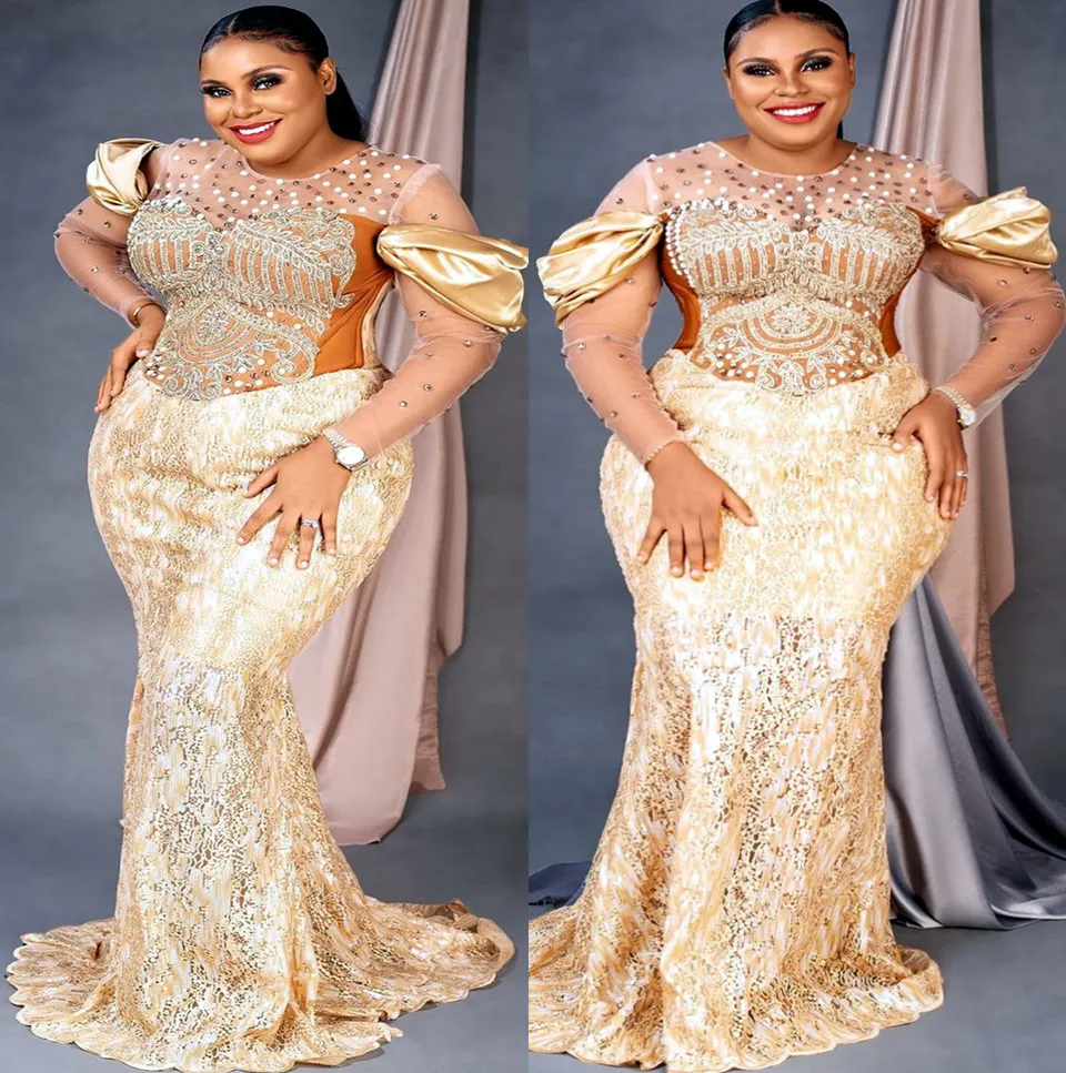 2022 Plus Size Arabic Aso Ebi Gold Sparkly Mermaid Prom Dresses Beaded Crystals Evening Formal Party Second Reception Birthday Engagement Gowns Dress ZJ676