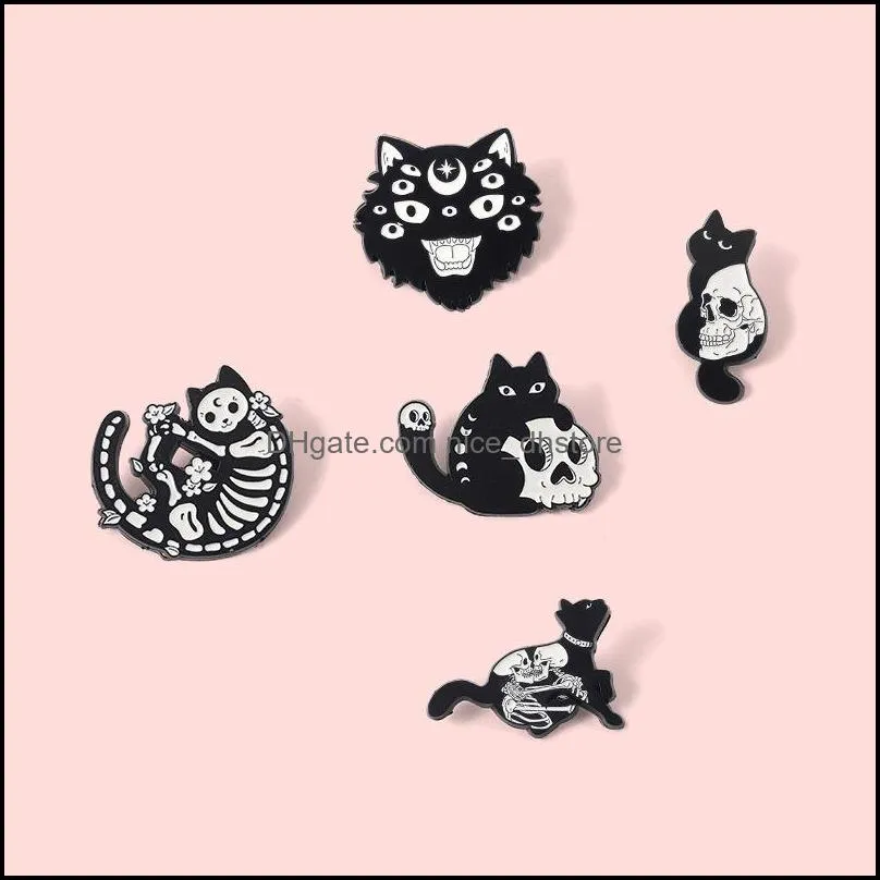 gothic cat enamel pin skull skeleton witch cats badge brooch lapel pins denim jeans shirt bag punk jewelry gift for friends