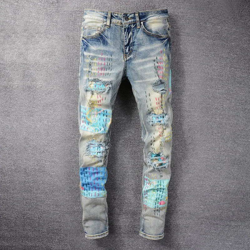 Jeans pour hommes Cool Style luxe mode patchs brodés Denim pantalon en détresse déchiré Biker noir bleu hommes crayon mince Jean Slim F215C