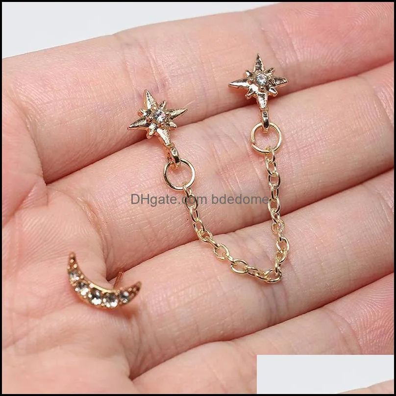 stud fashion crystal moon star cuff earring chain dainty tiny rhinestone studs gold set accessories for women and girls