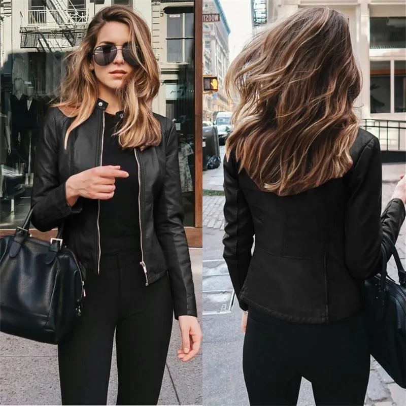 Kvinnorjackor Spring Women Solid Pu Leather Jacket Coat Casual Dragkedja mjuk motorcykel Slim Shape Cool Fashion Outwear Plus Size Size