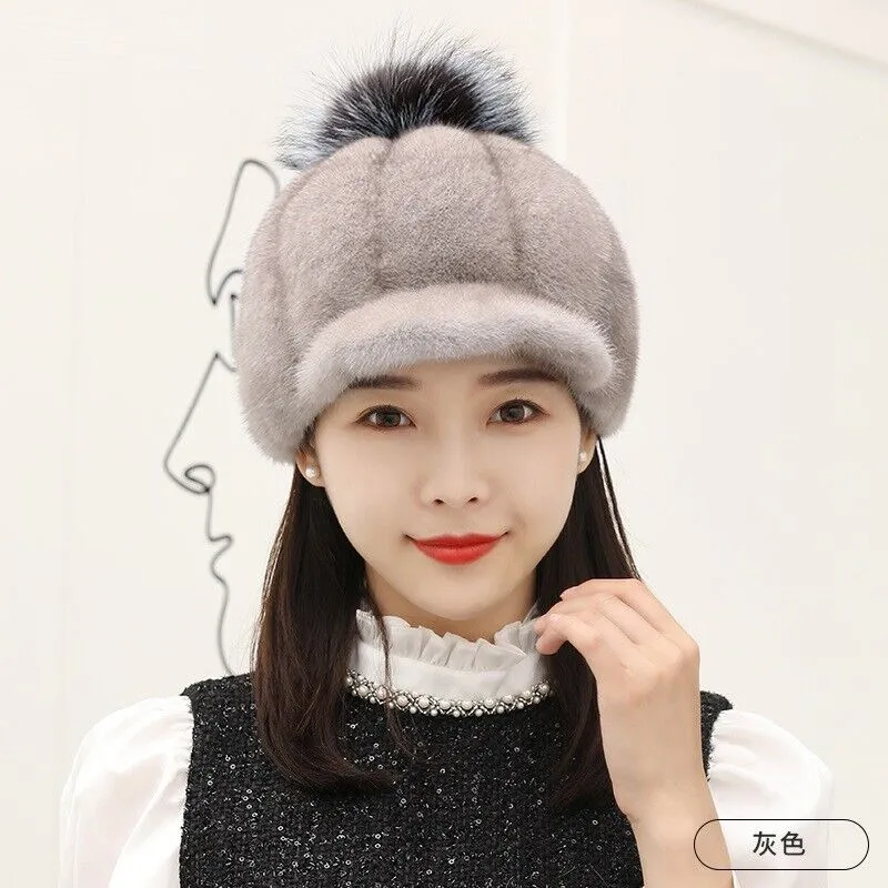 Women Winter Fur Hat Real Mink Peaked Cap Fox Pompom Knight Hat Grey Black