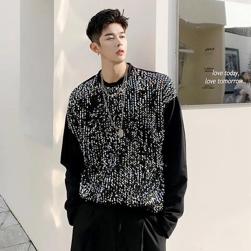 Men's T-Shirts Black White Fashion Casual Tees Shirts Glitter Stage Performance Costume Long Sleeve T-shirt Hip Hop DJ Dancer Sequined Tops