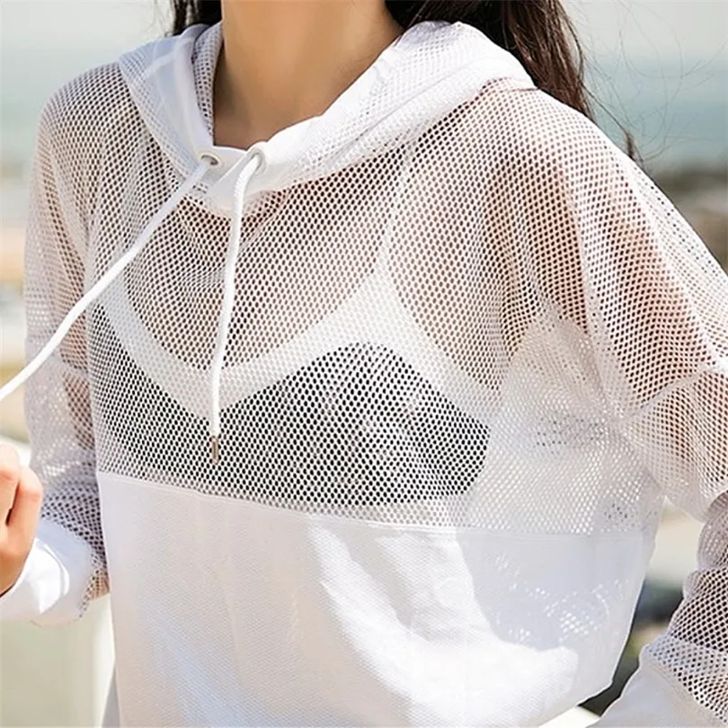 Blesskiss Mesh Yoga Top Sport Shirt Fitness Womenサマーフード付き長袖スポーツウェアレディースワークアウトジムTシャツ