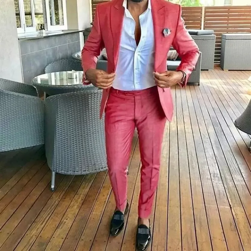 Peak Design Coral Red Men Blazers Groom Tuxedo Men Suits na weselny biznes Dwa przyciski Slim Fit Costume Homme 2cece