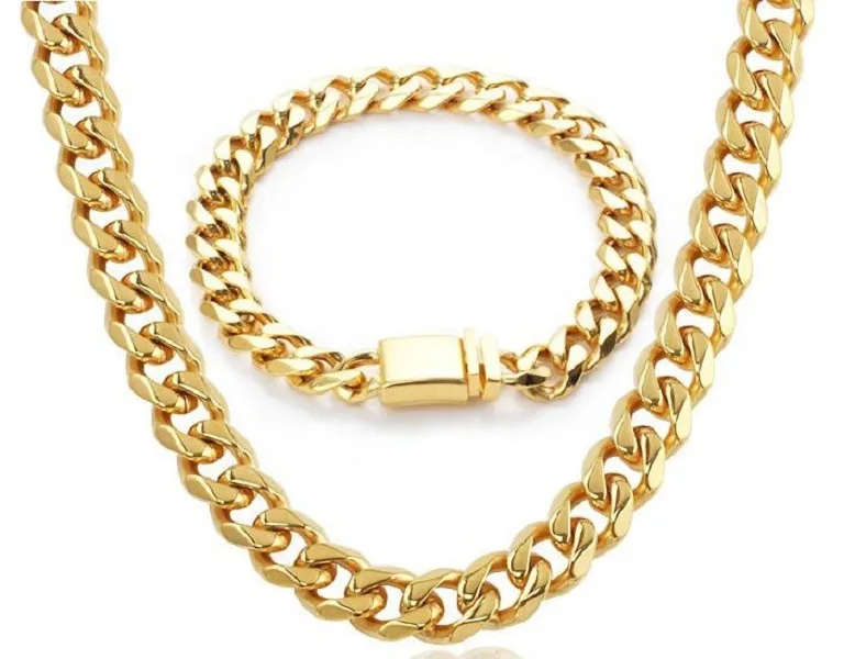 18k denim 11 mm kedja 21 cm guld fyrkantig spänne guldpläterad halsband 55 cm fin poleringsuppsättning