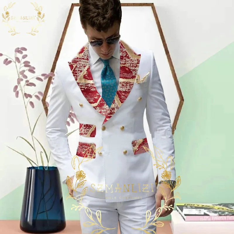 Szmanliziの男性の結婚式のスーツ2022最新デザインホワイトタキシードピークラペルダブルブレストフォーマル新郎パーティースーツベストマンブレザー