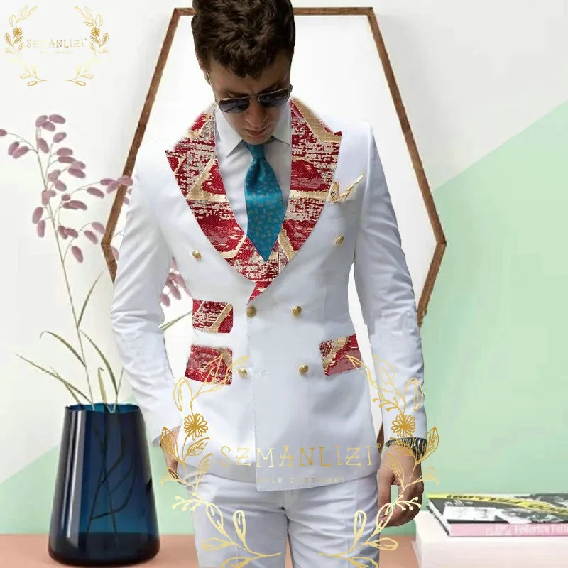 SZMANLIZI Men Wedding Suits 2022 Newest Design White Tuxedos Peak Lapel Double Breasted Formal Groom Party Suits Best Man Blazer