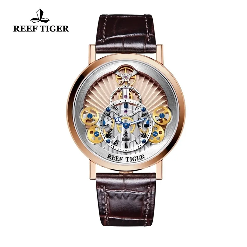 2020 New Reef Tiger/RT Luxury Gear Quartz Watches for Men Genuine Leather Strap Skeleton Watches Relogio Masculino RGA1958 T200409