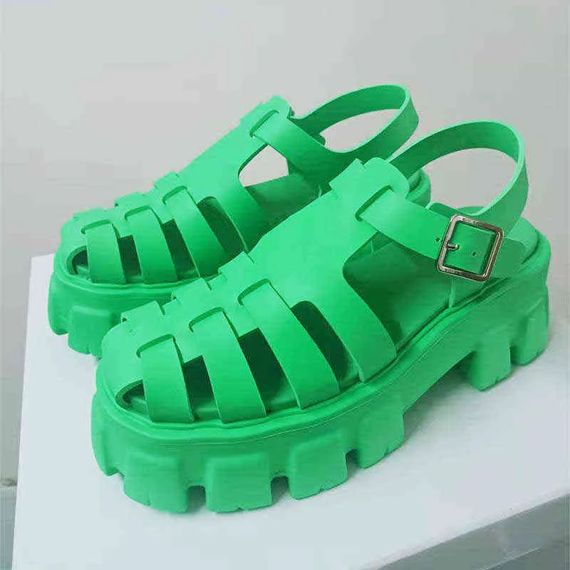 Retro Solid Färg Runda Toe Plast Sandaler Kvinnor Sommar Gladiator Tjock Sole Fritid Vacation Beach Shoes 2022 Y220409