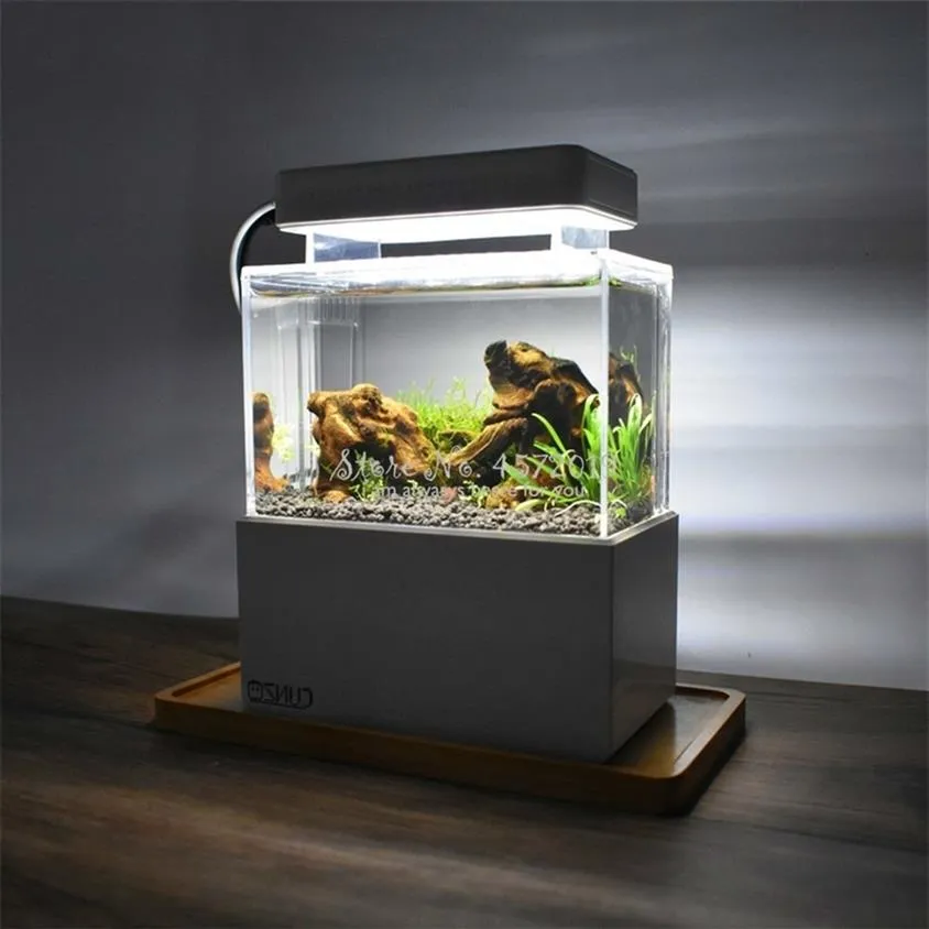 Uppgraderad plastbehållare LED -ljus skrivbordsfiskskål med vattenfiltrering Tyst luftpump Mini Aquarium Y200922305J
