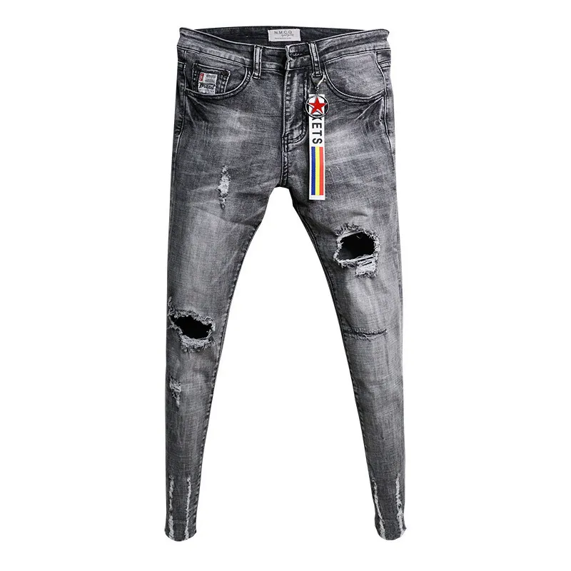 Whole Fashion Casual tieners cowboy Koreaanse trendy knie gescheurd gat skinny jeans heren raw edge mode stretchbroek 201111230y