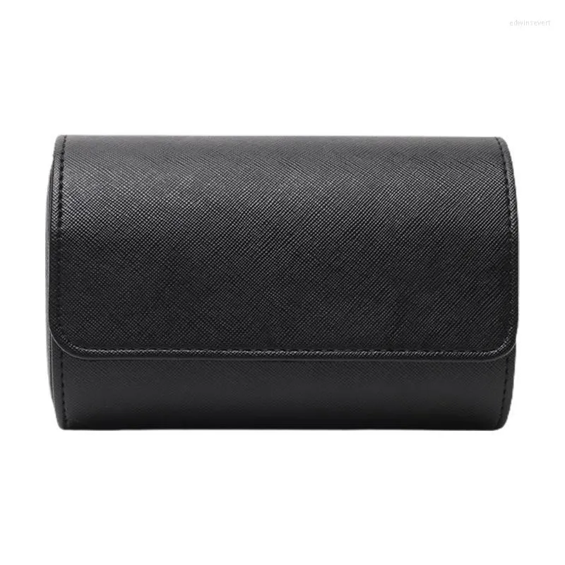 Pochettes à bijoux sacs étui de montre en cuir rouleau organisateur pour le stockage détachable anti-glisse coussin noir marron 2 fentes Edwi22