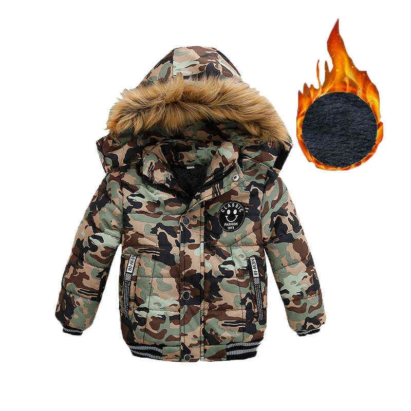 2021 Nya vinterpojkar kamouflagjacka 1-6 år håll varma hoodies ytterkläder för barn stiliga soldat barn vindbrytare j220718