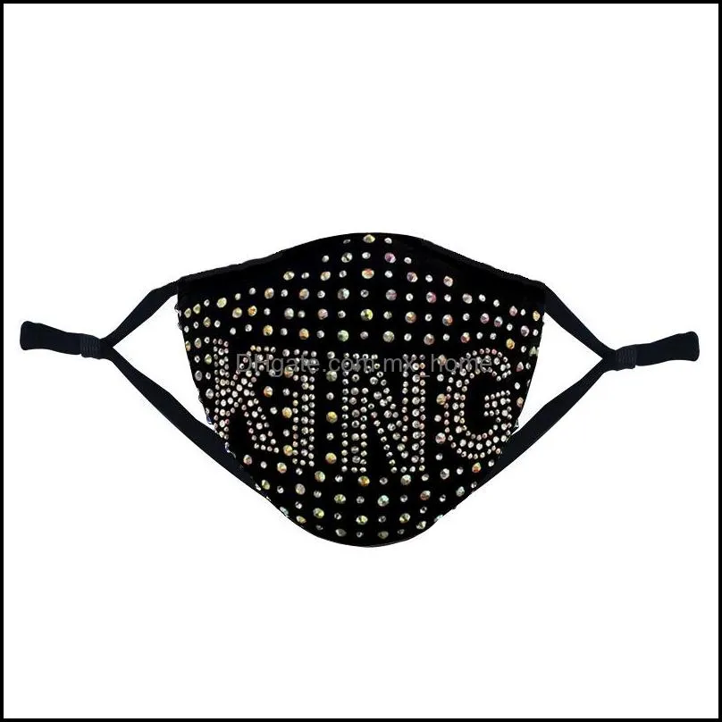 diamond face mask with drill classic black QUEEN SEXY LOVE KING BOSS cotton masks women girls dustproof PM 2.5 filter rhinestone