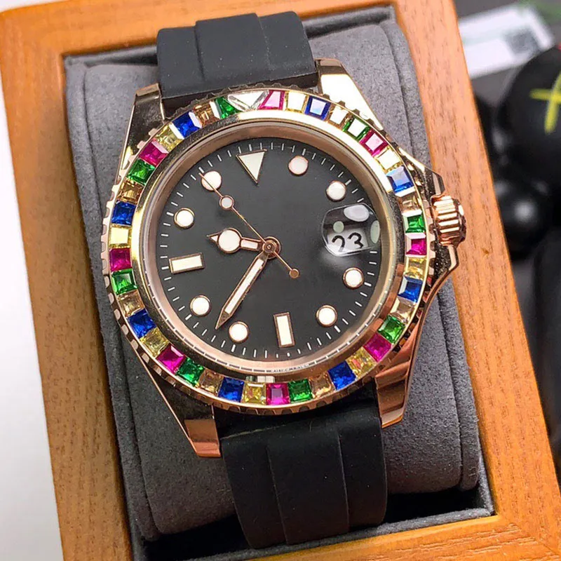 Candy Color Diamond Watch Mens Automatiska mekaniska klockor 40mm damer armbandsur Montre de luxe gummiband justerbar
