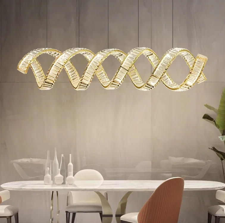 Modern Luxury Led Chandeliers Pendant Lights Wave Steel Lustre Crystal Lamp Dining Table Suspend Lamp Indoor Drop Light Fixtures