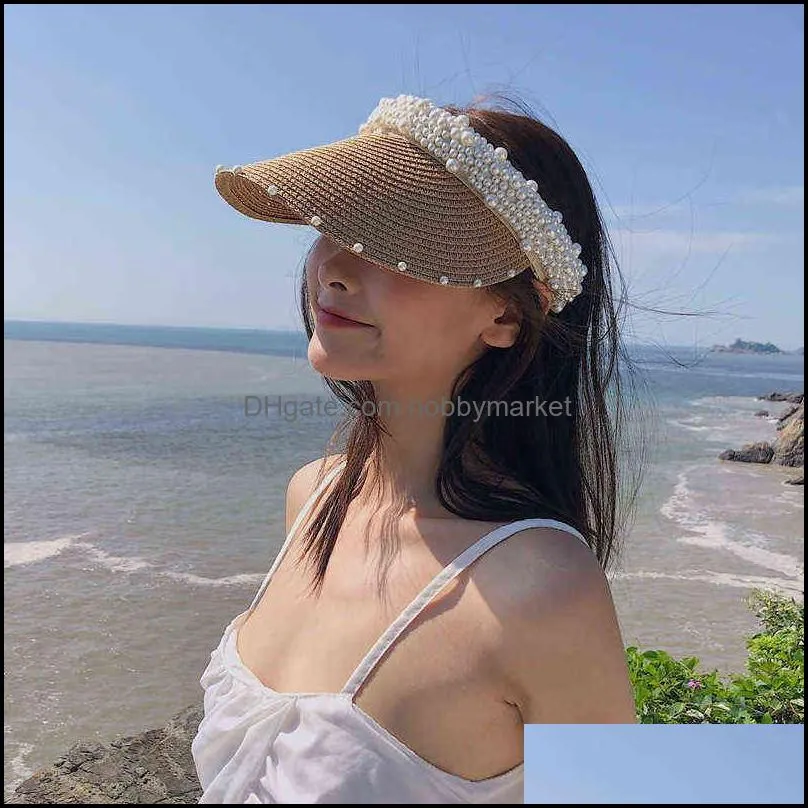 2021 New Straw Hat Women`s Summer Handmade DIY Pearl Beach Straw Hat Women`s Sun Casual Shade Sun Empty Top Hat Beach G220304