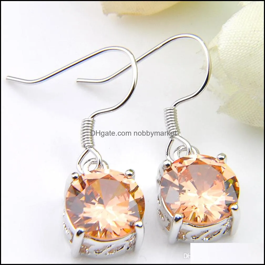 LuckyShine Silver 925 Round Shaped Morganite Champagne Women`s Earrings Wedding Party Zircon Earrings Fashion Jewelry