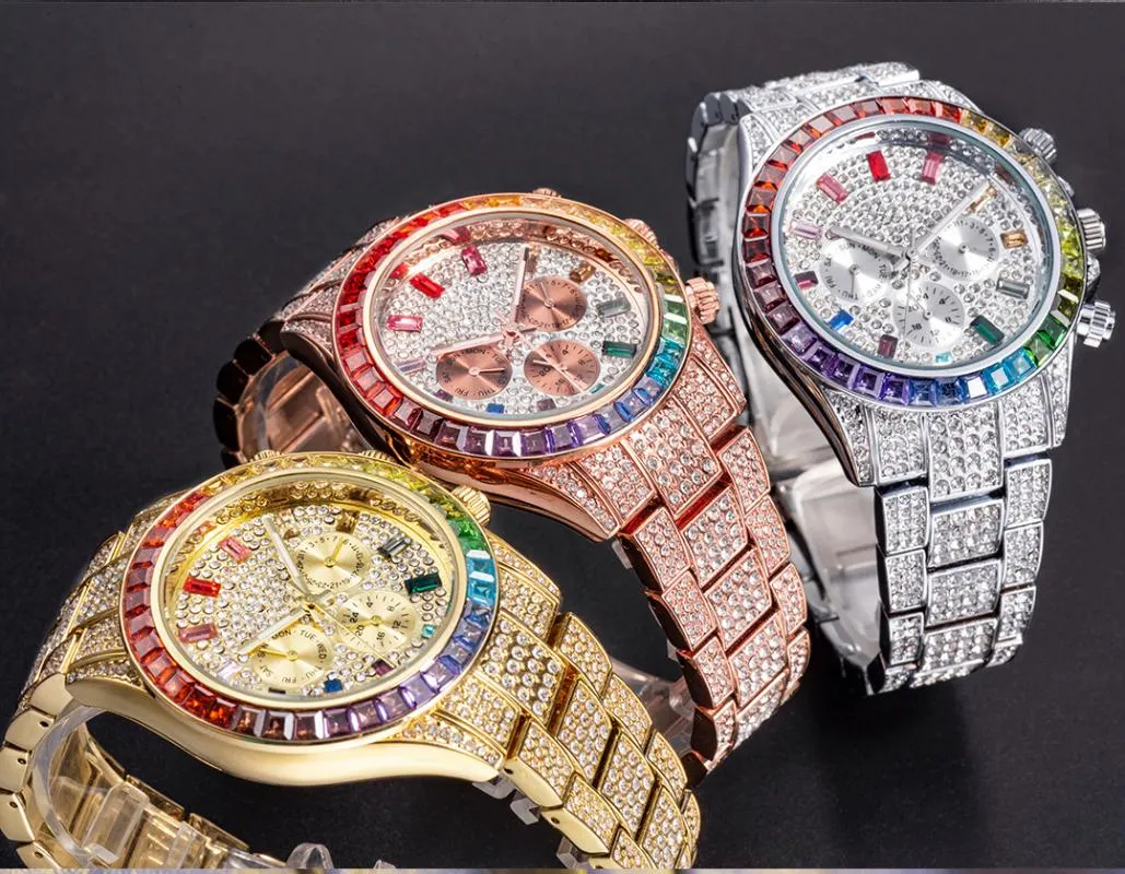 Orologi da polso Orologi da uomo ghiacciati in oro rosa Orologio da uomo con diamanti arcobaleno a tre occhi Orologio da polso hiphop rotondo luminoso in acciaio inossidabile M243L