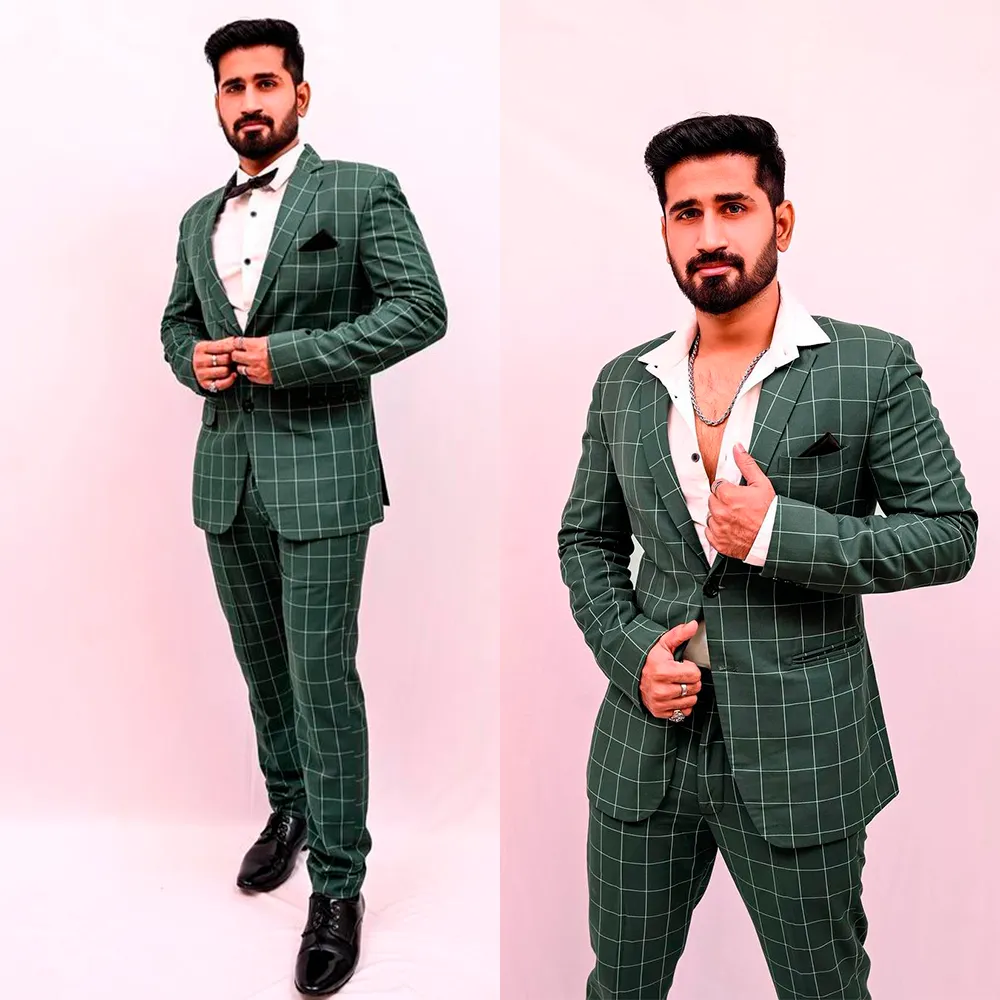 Green Plaid Men Manyavar Tuxedo Slim Fit Two Button Groom Dinner