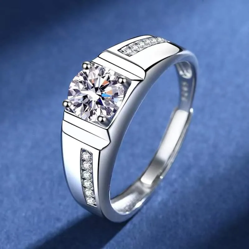 حلقات الكتلة الرفاهية 1Ct D Color VVS1 Rond Moissanite Diamond Ring Men Jewelry 925 Sterling Silver Plated Gold Gold Wedder