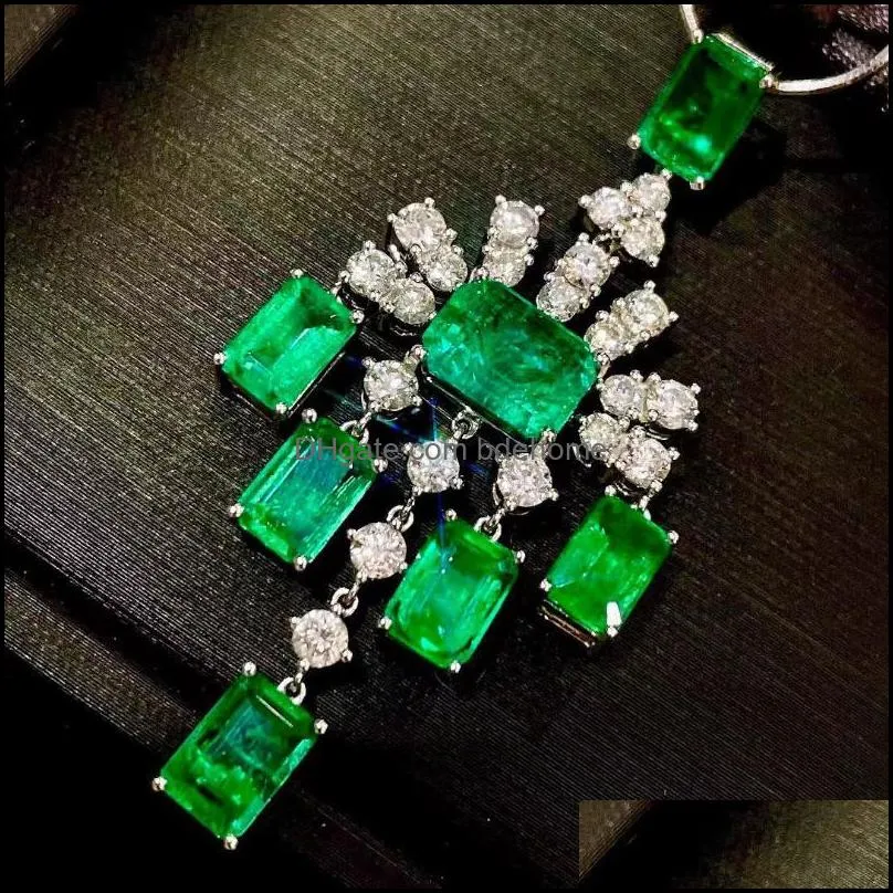 pendant necklaces luxurious geometric emerald women`s 925 silver green zircon lady birthday cocktail gift jewelrypendant