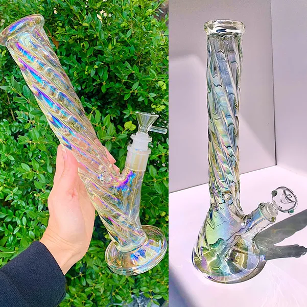 Luminous Cool Straight Tube Glass Bong Colorful Hookah Bubbler Dab Rigs Recycler Smoking Water Pipes About 5 mm thick with 14 mm joint bowl