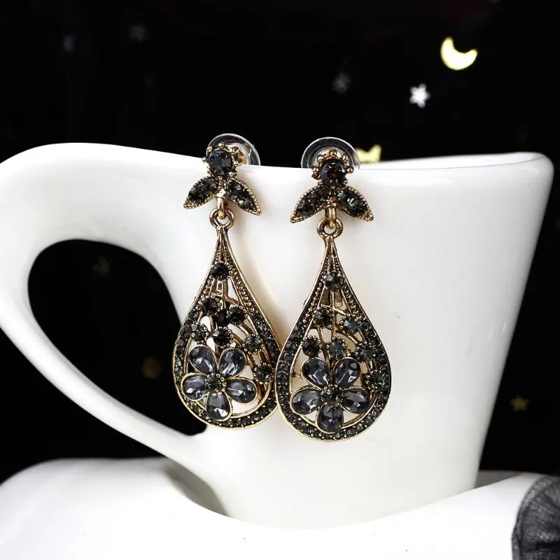 Dangle & Chandelier Sunspicems Bohemia Flower Drop Earring For Women Full Grey Crystal Antique Gold Color Turkish Vintage Jewelry Bridal Gif