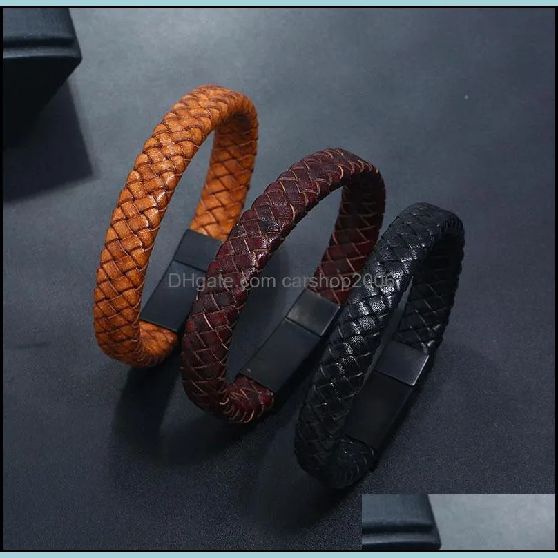 punk retro black brown braided pu leather charm bracelets stainless steel fashion bangle for men jewelry