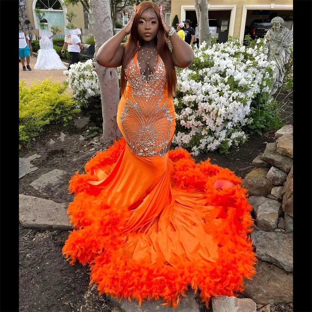 Orange Veet Prom Dresses Black Girl Mermaid Evening Gown Feathers Celebrity For Birthday Party Formal Gowns