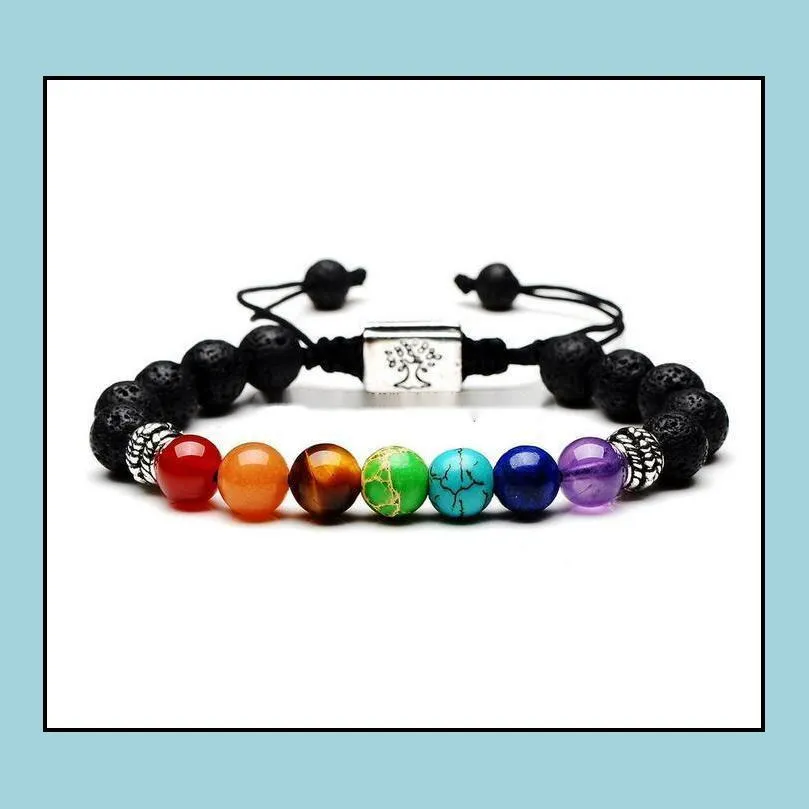 Pulseras Joyas con cuentas Hebras Yoga Hecho a mano Con cuentas 7 Chakra Árbol de la vida Encanto Piedras de lava Cuentas Cuerda Pulsera de piedra volcánica negra